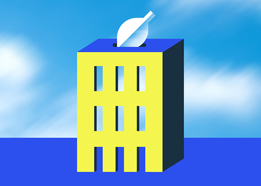 Illustration of a leaf entering in a building shaped in money box with blue sky background